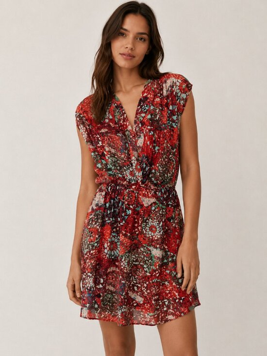 CAbi Dresses & Skirts - CAbi Medium Abstract Floral Print Faux Wrap Dress Red Blue Rayon Boho Fit & Flar
